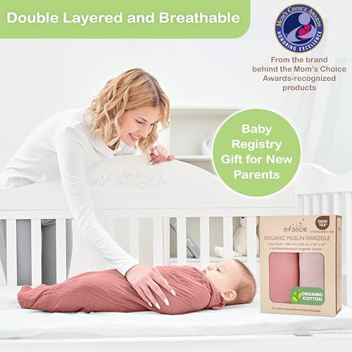 Image of Organic Muslin Baby Blanket 2-Pack Rose & Peach, 47x47 Inch 100% Organic Cotton Oeko-TEX Certified Hypoallergenic Swaddle Blanket for Newborn Girls, Elegant Baby Girl Shower Gift