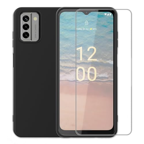 Romozi Capa para Nokia G22 com protetor de tela de vidro temperado, amortecedores de silicone, proteção antiarranhões, absorção de choque, capa para celular para Nokia G22 2023 preta