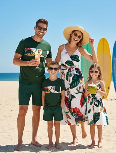 Image of PATPAT Family Matching Outfits Mommy and Me Dresses Hawaiian Tropical Vacation Beach Spaghetti Strap Dress and Shirt