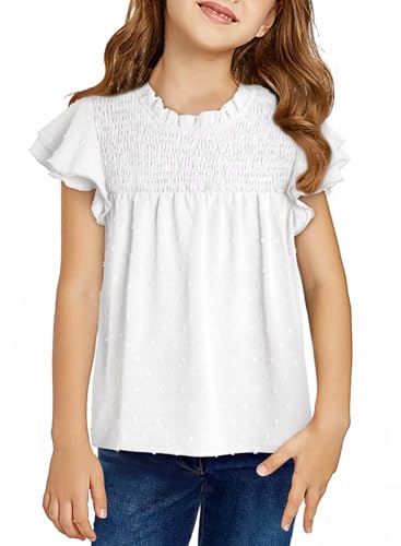 DOKOTOO KIDS Girls Dressy Tops Casual Ruffled Short Sleeve T-Shirts Swiss Dot Tops 2024 Fashion Crewneck Pleated Shirt Blouse White 14-15 Years