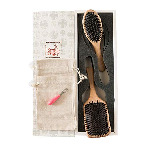 2-Piece Hairbrush-Natural Boar Bristle Hair Brush and Wooden Paddle Detangling Cushion Hairbrush-suitable Women Men Kids Girls- Good for Thick Dry Damaged Curly Wavy Long Short Frizzy Fine Oily Hair