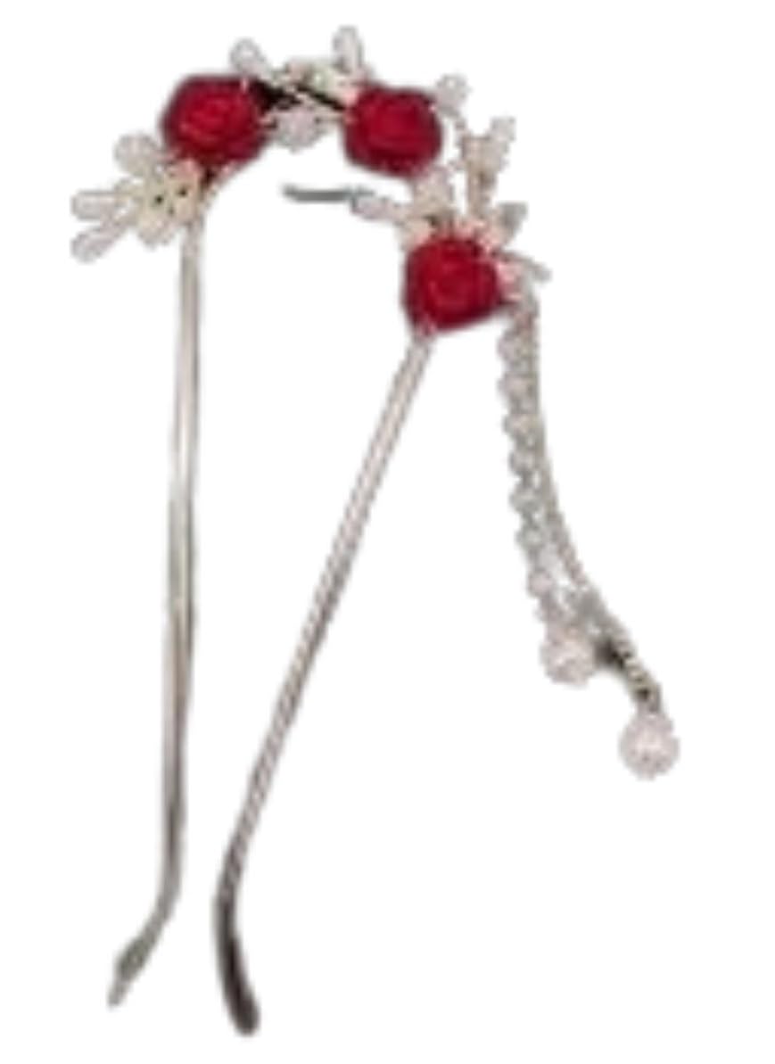Stylish Red Rose Floral Hairpin for Women with Pearl Chain Elegant Side Hair Clip for Bridal Wedding Party Traditional Hairstyles Hair Accessory (Pack Of 6)