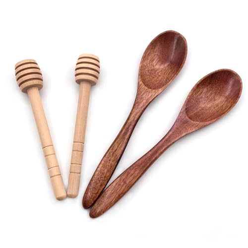 ​​4 Piece Wooden Honey Spoon Set - Honey Dippers for Tea Coffee Jam Stirring​​,​​Wooden Spoon for Stirring Honey, Tea, Coffee & Jam - Breakfast Baking Dessert Dipper​