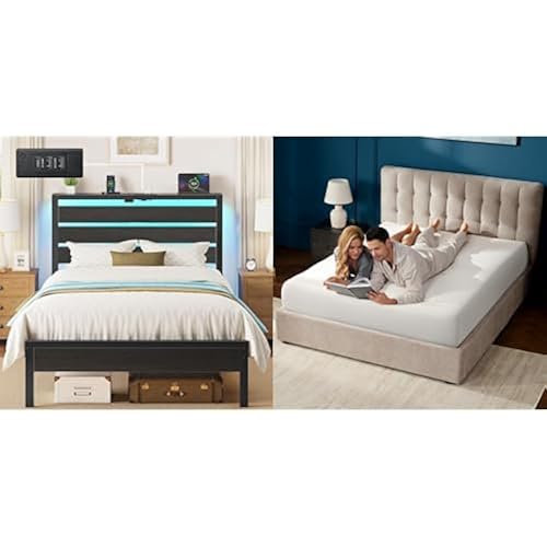Rolanstar Twin Bed Frame with 10 Inch Gel Memory Foam Mattress, LED Metal Platform Bed with USB Charging & and Storage Headboard, Black, CertiPUR-US Certified Mattress