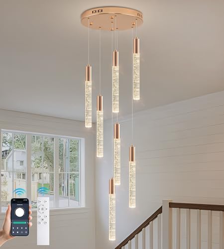 Upfelw Modern High Ceiling Crystal Chandelier 7-Lights, Spiral LED Raindrop