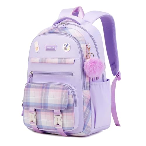 ASKSKY Girls Backpack for School, Kawaii Bookbag for Teen Multiple Pockets Kids Backpack for Primary Elementary Middle School, Age 6-14,Purple