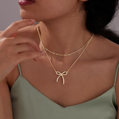 Gold Layered Necklaces for Women Chunky 14K Gold Silver Plated Stack Diamond Bow Statement Pendant Necklace Cute Trendy Dainty Small Tiny Bow Simple Choker Chain Jewelry Set for Women Gift3