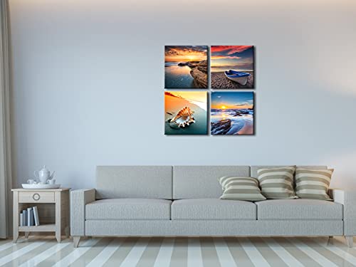 Image of Pyradecor Sunset Sea Beach Modern Seascape Pictures Paintings on Canvas Wall Art 4 Panels Stretched Canvas Prints Artwork for Living Room Bedroom Home Office Decorations