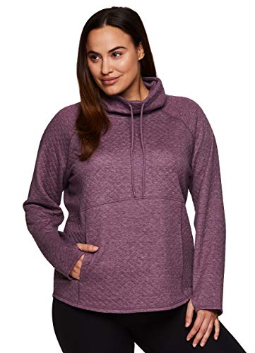 RBX Active Women's Plus Size Soft Quilted Mid-Weight Pullover Sweatshirt With Pockets and Drawstring Cowl Neck Drawstring Berry Pink 1X
