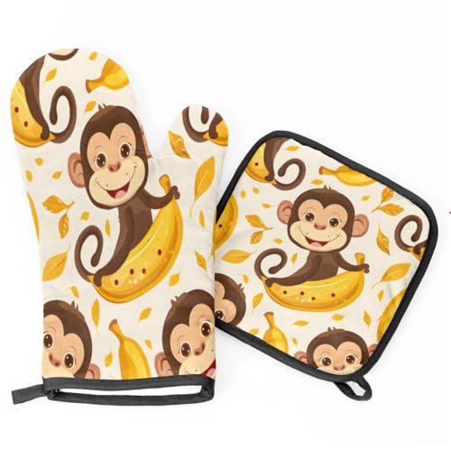 Bananas Monkeys Oven Mitts Kitchen Oven Gloves for Cooking Baking Heat Proof Lining Cotton Kitchen Potholder Mittens Pot Holders Hot Pads for Chef Women Men