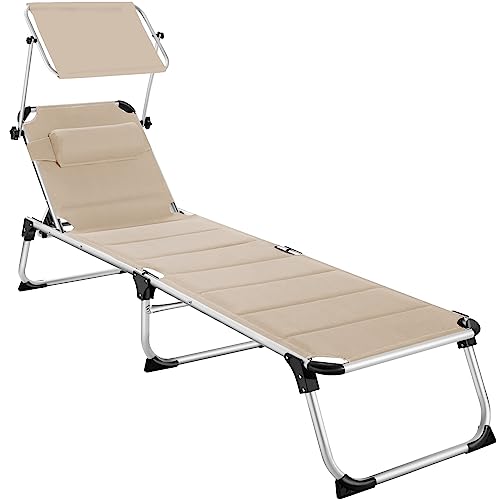 TecTake® Tumbona Plegable Con Toldo y Respaldo Regulables, Reposacabezas y Parasol, Resistente a la Intemperie Para Piscina, Playa y Jardín Exterior - Carga Máx. 120 kg - Beige