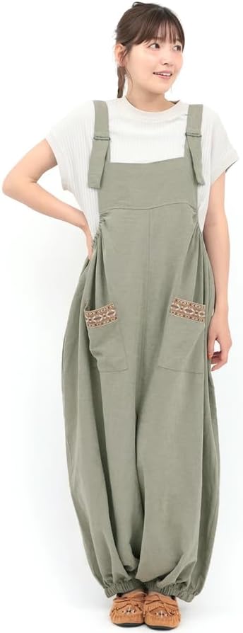 [チチカカ] Orale サルエル風 サロペットパンツ 無地 ワンポイント 裾キャザー レディース OWCBA901