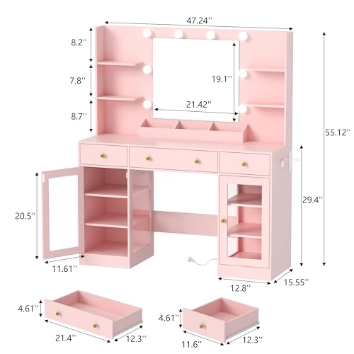 Image of HUANLEGO Vanity Desk with Mirror and Lights, Large Makeup Vanity Set with Power Outlet & RGB Glass Cabinet, 3 Drawers, Pink Vanity Mirror with Lights Dressing Table for Girls Women, 3 Color Modes