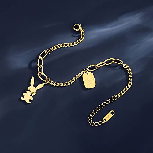 Cute Bunny Charms Bracelet, Gold Chain Link Bracelets For Women 18K Gold Plated Animal Charms Bracelet Handmade Paperclip Chain Rabbit Dangle Link Jewelry Easter Gifts #TOP2