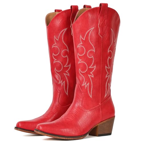 Image of IUV Cowboy Boots For Women Western Cowgirl Boots Mid Calf Snip Toe Boot With Chunky Heel
