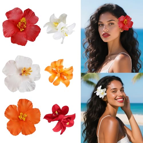6 Pcs Hawaiian Flower Hair Clips for Women Plumeria Hibiscus Hair Clip Artificial Flower Clips 3.5 Inch Floral Hair Barrettes for Summer Vacation Beach Party Girls Holiday Gifts (White Red Orange)