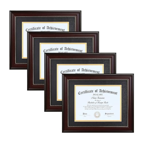 DOAI ART 8.5 x 11 Diploma Frame Set of 4 Classic Mahogany with Black and Gold Double Mat or Displays Document&Certificate 11x14-inch Without Mat,Wide Molding, Gold Beads Hanging Hardware Included, by DOAI ART - Used condition - US$43.96