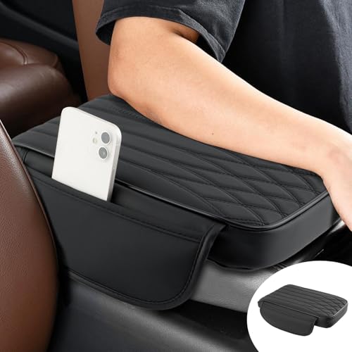 QKDS Car Armrest Cover with Storage Pockets, Waterproof Leather Center Console Protector, Leather Memory Foam Car Armrest Booster Pads Suitable for Most Vehicles, SUVs, Trucks, Cars(Black)