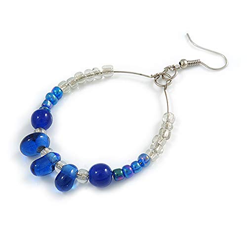 Royal Blue/Transparent Ceramic/Glass Bead Hoop Earrings In Silver Tone - 70mm Long4