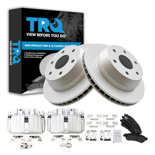 Image of TRQ Rear Brake Pad and Rotor Set Semi Metallic Coated Rotors Calipers Compatible with 2002-2004 2006 Chevrolet Silverado 1500 2000-2001 GMC Yukon XL 1500