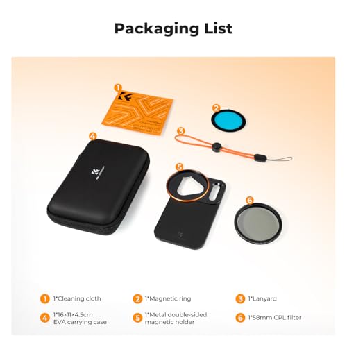 Image of K&F CONCEPT Double-Sided Magnetic Lens Filter Mount Adapter with 58mm CPL Filter, Compatible with iPhone 17 Pro and 58mm Threaded Filters, CPL Filter Compatible with iPhone Camera Lens