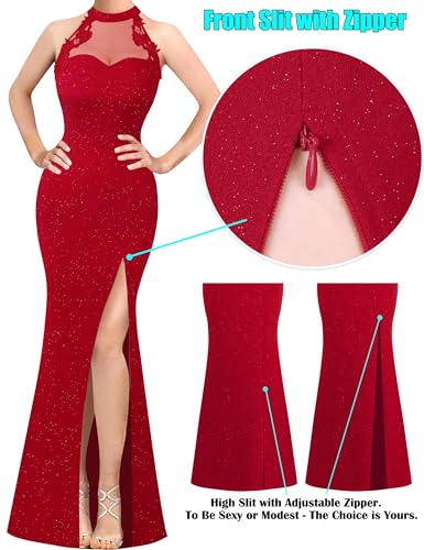 Image of VFSHOW Womens Formal Sexy Halter High Slit Prom Wedding Guest Maxi Dress 2023 Illusion Sweetheart Neckline Evening Long Gown