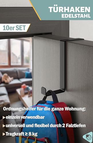 Menz Türhaken, 10er SET - Schwarze Türhaken zum Einhängen Edelstahl 41mm, universelle Türgarderobe - Robuste Kleiderhaken Tür, Türhakenleiste zum Einhängen