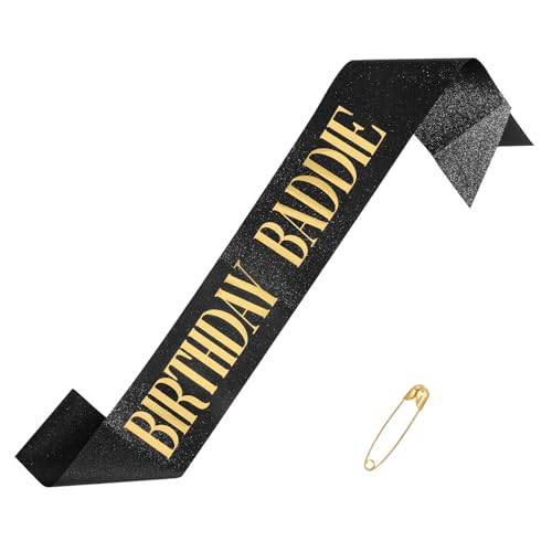 Tinoaly Fascia Birthday Baddie per Donna e Uomo, Fascia Nera Glitterata da 160cm con Lamina D'oro Divertenti Decorazioni per Feste di Compleanno e Accessori Baddie