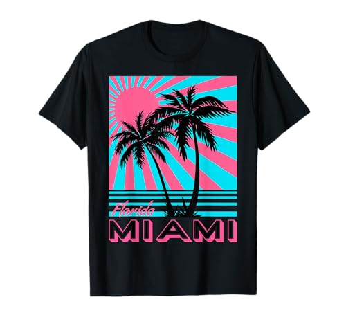 Maglietta con grafica retrò Miami Cool regalo estivo per donna, uomo, padre, bambini, mamma, papà - Miami Beach T Shirt Florida Miami Palm Trees Shirt. Ti piace camminare in Summer Day longitudinalmente Palme, Skyline vero? Ottieni la tua camicia Florida Miami Beach.