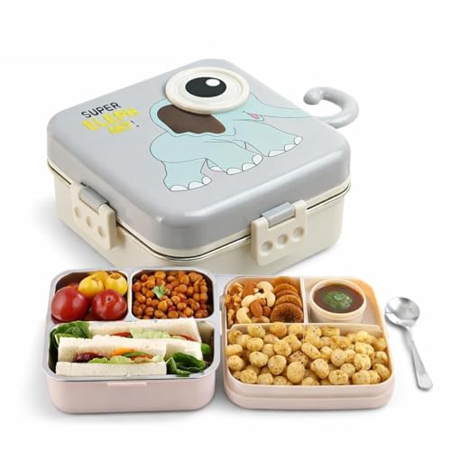 Image of PRIME DEALS BPA-Free Leak-Resistant Stainless Steel Insulated Tiffin for School with Spoon Elephant Lunch Box for Kids Bento Box with Tray & Container | 1120ml + 70ml (Grey, Elephant)