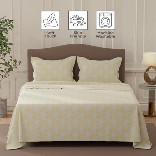 Image of Layers 100% Cotton Bedsheet for Double Size Bed | Lumina Floret Collection | 144 TC Soft & Breathable | Floral Print with 2 Pillow Covers | Wrinkle Free | 3 Piece Bedding Set - Yellow & Grey