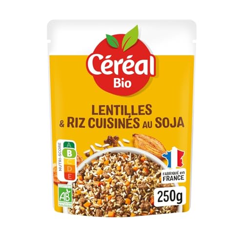CÉRÉAL BIO – Lentilles Vertes, Riz Complet & Soja Bio – Plat Cuisiné Bio Individuel – Repas Prêt à Réchauffer en 2 min – Riche en Fibres & Protéines – Nutriscore A – 250 g-L'emballage peut varier.