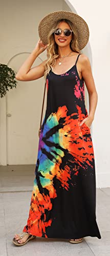 Image of Supnier Women's Summer Maxi Dress Casual V-Neck Sleeveless Bohemian Spaghetti Strap Floral Long Maxi Dress with Pockets