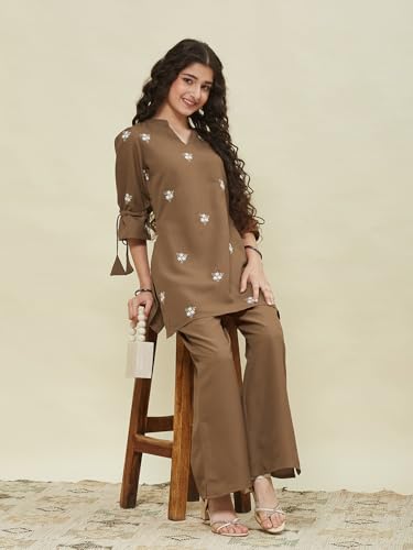 Image of Girls Floral Embroidered Kurta and Palazzo Pants Co-ord Set with V Neck Elegant Traditional Outfit for Festive and Functions