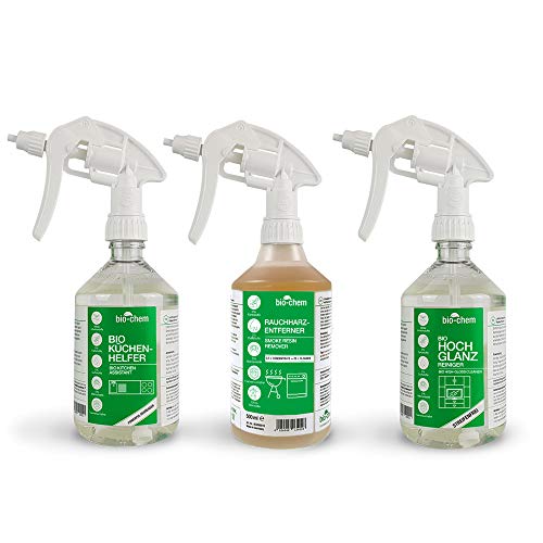 bio-chem Küchenreiniger-Spar-Set 3-teilig: Backofenreiniger + Küchenhelfer + Hochglanzreiniger + Mischflasche, geeignet für alle Küchen-Oberflächen,