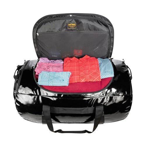 Image of Tatonka Barrel - Wasserfeste Reisetasche mit Rucksackfunktion, grosser Offnung, gepolstertem Boden und abschliessbarem Reissverschluss, Black, 130 Liter, Durable travel bag with stowable backpack