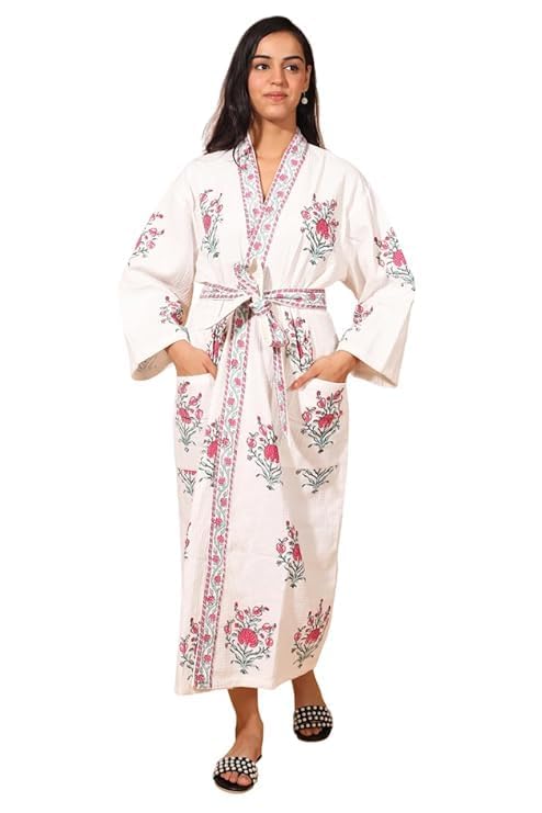 Image of Hand Block Print Cotton Waffle Fabric White Bathrobe For Women's Ultra-Soft & Lightweight After Bath Spa Bathrobe | Highly Absorbent Red Flower