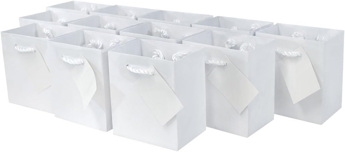 OccasionALL White Gift Bags, Mini Holiday Bags with Handles for Small Business, Shopping, Birthdays, Weddings, Bachelorette, Party Favors, Bulk, 4x2.75x4.5, 12 Pack