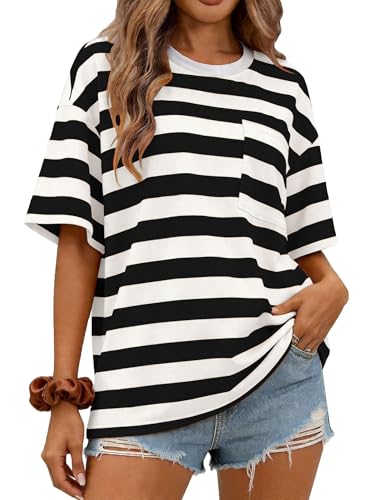 Fololy Damen Tshirt Oversize Sommer Oberteil gestreift Kurzarm Mit Tasche blusen elegant Tunika Tops(Schwarz/XL)