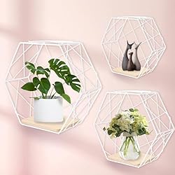 Estanteria Hexagonal Primark Juego de 3 estantes hexagonales de pared de metal y madera, elegantes estantes de pared blancos, estantes flotantes, color blanco, decoración de pared para salón, dormitorio, cafetería y hotel