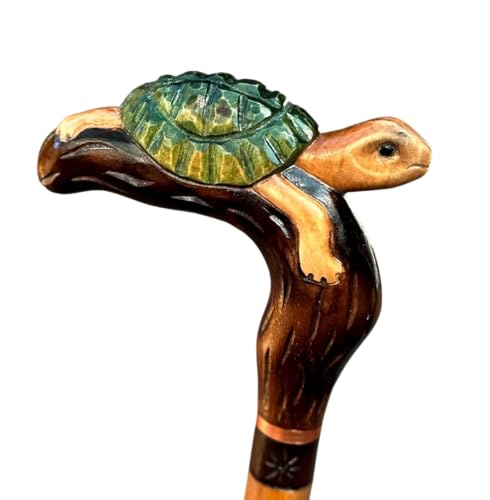 Wooden Turtle Head Engraved Carved Cane - Premium Wood Carved Walking Stick Cane with Ergonomic Palm Grip Handle - 36