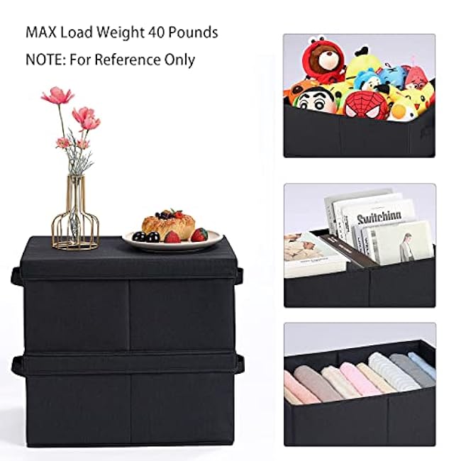 HOONEX Storage Bins with Lids for Organizing, Pack of 2, Storage Boxes with 2 Carrying Handles and Sturdy Heavy Cardboard, 16.5 L x 11.8 W x 7.5 H for Shoes, Books, Clothes, Black