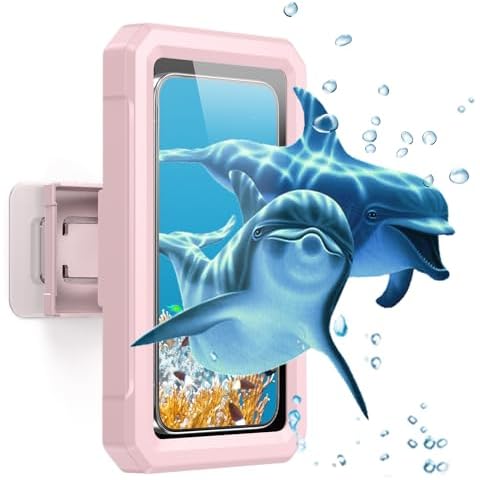 Diaclara Shower Phone Holder Waterproof-480°Adjustable Rotation, Anti-Fog High Sensitivity Touch Screen Shower Phone case for Mirror,Wall,Bathroom,Bathtub Wall Mounter，Fit Device up to 6.8 Inch Pink Cover