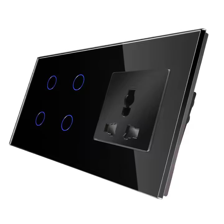Image of QNQ SMART WiFi TOUCH SWITCH 3 SWITCHES + 1 UNIVERSAL SOCKET (10 amps each) 800 WATT /SWITCH GLASS : Elevate Your Home with Effortless Control Home Automation. fits in 4 module concealed board (BLACK)