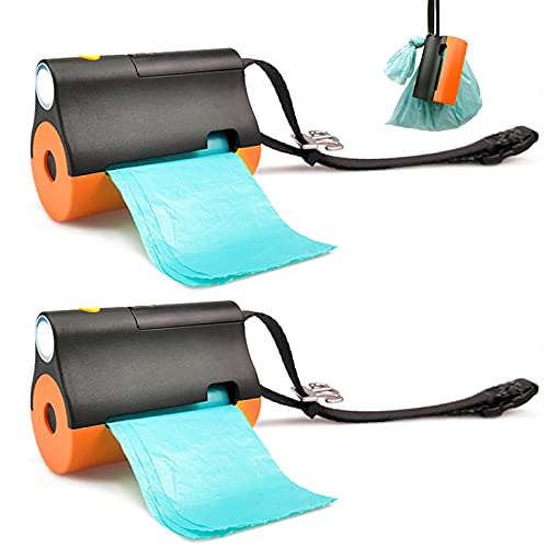 Image of 3 in 1 Dog Poop Bags Holder with Built-in LED Flashlight for Leash and Metal Clip for Hanging Used Bag Bi-Color Dog Poop Dispenser with Wristler (Black&Orange, 2 Holder 30 Bags)