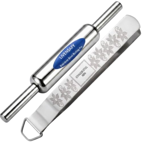 Stainless Steel Rolling Pin. with Tong, Heavy Duty, Easy Grip Handle.