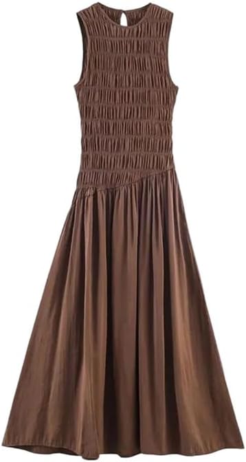 Women's French Simple Midi Long Dress Sleeveless Round Neck Fluffy Midi Dress