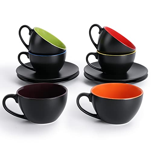 Miamio - Set Of 6, Ceramic Stackable Cappuccino Cups Set / 6 Ounce Cappuccino Mugs And Saucer With Metal Stand For Coffee Drinks, Cafe Cappuccino, Latte, Americano And Tea - Le Papillon Collection (Mixed) #TOP5