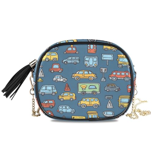 ALAZA Women's Traffic Signs Cartoon Transportation Cars PU Leather Crossbody Bag Shoulder Purse with Tassel