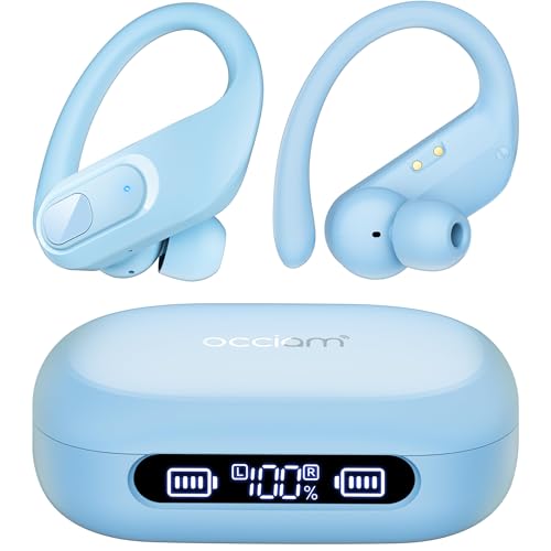 occiam Wireless Earbuds Bluetooth Headphones Ear Buds 96Hrs Playback Sport Over-Ear Waterproof Wireless Headphones Earphones with Earhooks ENC Mics Clear Call for Sport Running Workout Pastel Blue